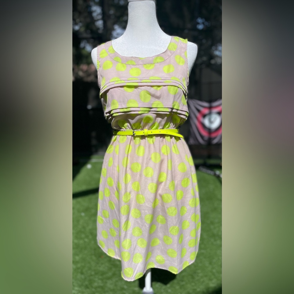 Beige and Neon Yellow Belted Polka Dot Dress. Xhilaration. Size S.